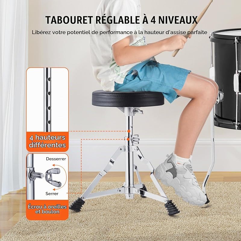 Kit de Batterie pour Enfants, 406 mm, Batterie complète pour débutants, 5PCS, avec Toms Basses, Caisse Claire, siège, cymbales Charleston, 2 Paires de Baguettes, Instruments de Musique, Noir