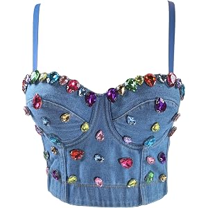 Women's Denim Colorful Gemstone Acrylic Bustier Corset Jean Crop Top Vest