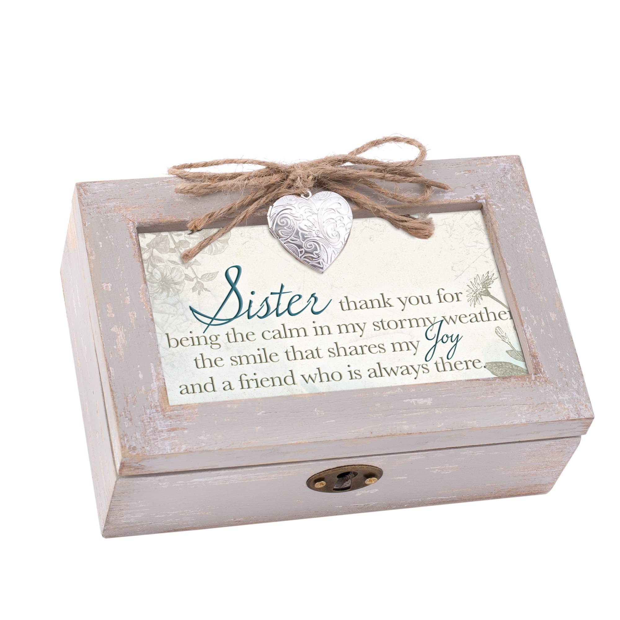 Sister My Joy and Friend Taupe Wood Locket Jewelry Music Box Plays Tune Wonderful World