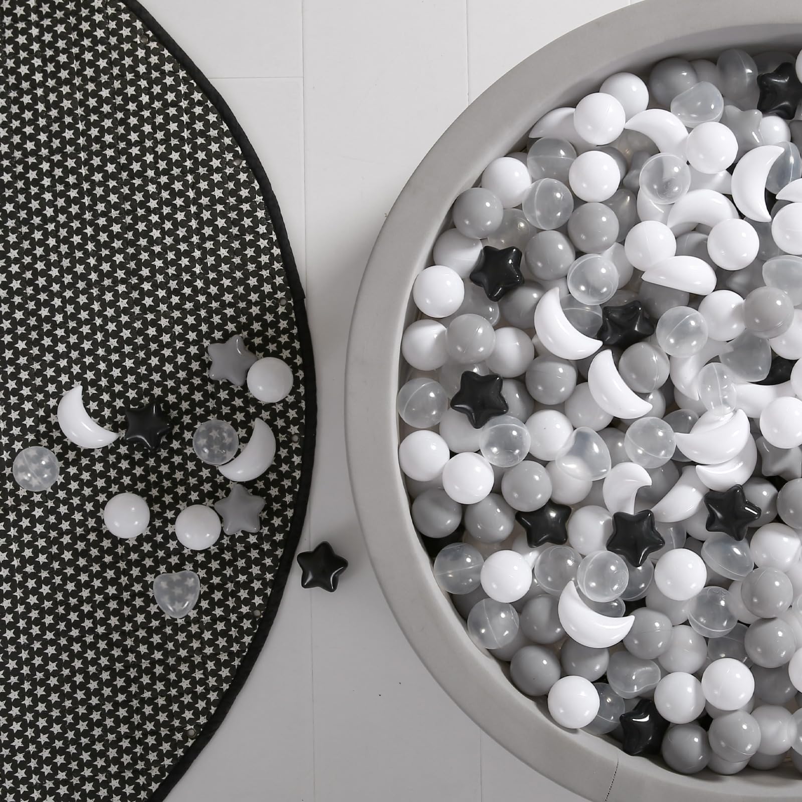 Photo 1 of GOGOSO Balls for Ball Pit, Balls with Stars Hearts Moon Shapes, Plastics Balls for Ball Pits, Pastel Ball for Toddlers Kids Party and Decoration Play Fun, Black Gray White
