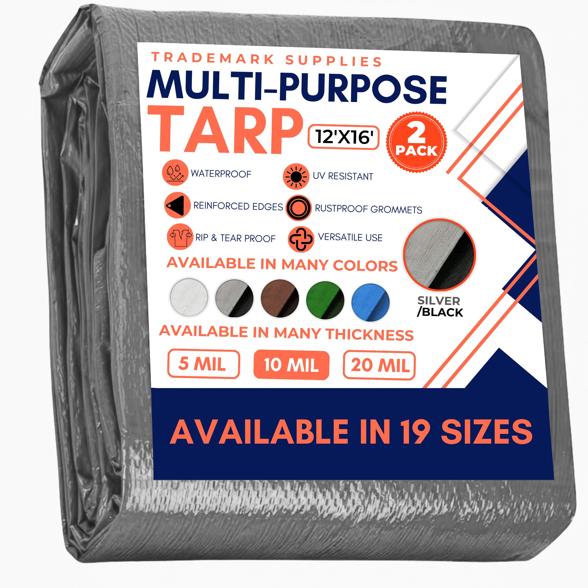 Large Waterproof Tarp - Heavy Duty 10 Mil Thick Poly Tarpaulin Ideal for Canopy Tents, Boats, RV or Pool Covers - Multipurpose Protective Tarps with Grommets for Indoor, Outdoor Use | 12' x 16' 2 Pack Image