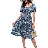 Kormei Women's Square Neck Summer Boho Floral Puff Sleeve A-line Tiered Flowy Casual Midi Dress Smocked Dresses