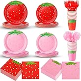 Humyoun 200 Pieces Strawberry Party Tableware Set Strawberry Plates Napkins Forks Cups Party Supplies Sweet Red Pink Baby Shower Birthday Decoration for Guests