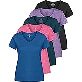 Real Essentials 5 Pack: Women's Dry Fit Short Sleeve V Neck Workout Top - Fitness Gym Athletic Yoga T-Shirt (Plus Available)