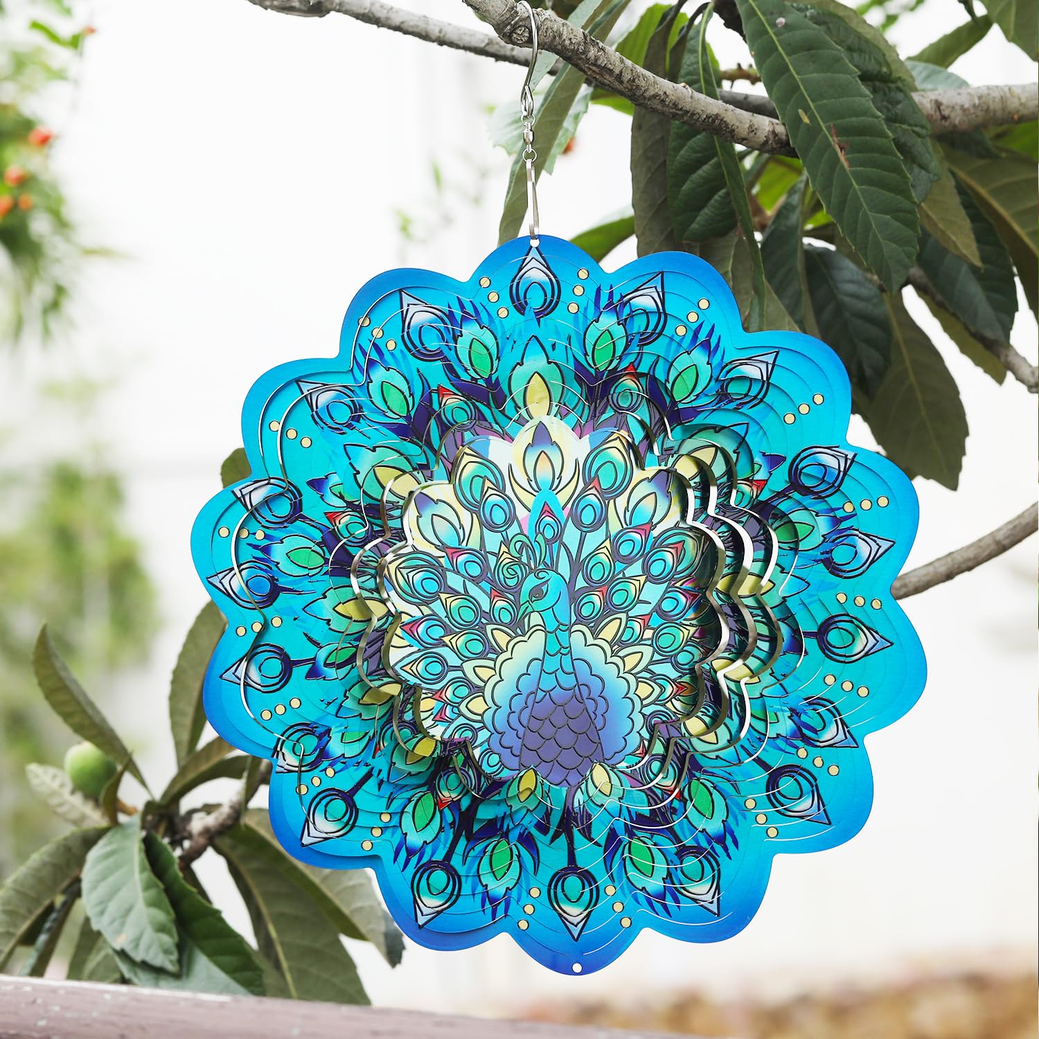 Gochoi Peacock Hanging Wind Spinners Outdoor,Peacock Gifts for Women Mom Grandma Wife,11 inch Stainless Steel Wind Spinner Garden Yard decor Ornaments Outside Decorations-Green Peacock