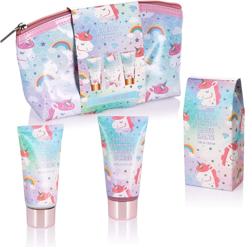 BRUBAKER Unicorn Bath Set Cherry Blossom Scented Gift Cosmetic Bag 4 pcs