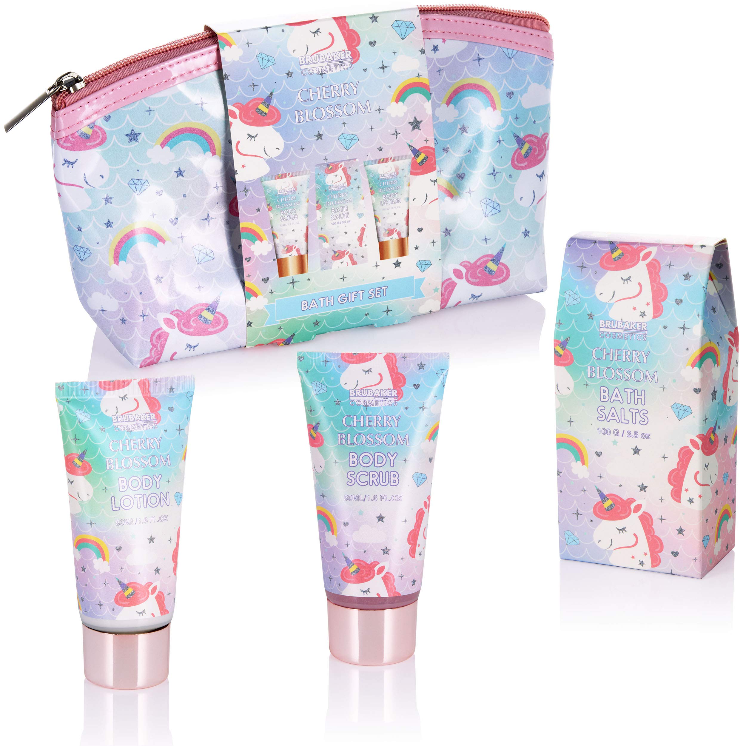 BRUBAKER Cosmetics 4-Pcs. Unicorn Bath and Shower Set - Cherry Blossom Scented - Gift Set in Cosmetic Bag