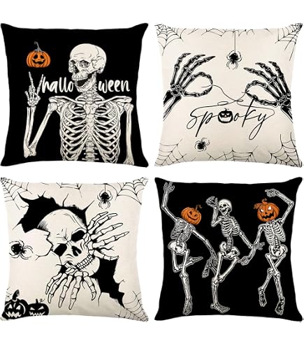 Fundas Almohada Halloween 45x45 Cm - Juego 4 Unidades Calabazas Fantasmas Murciélagos Fundas Lino Fantasmas Calabazas