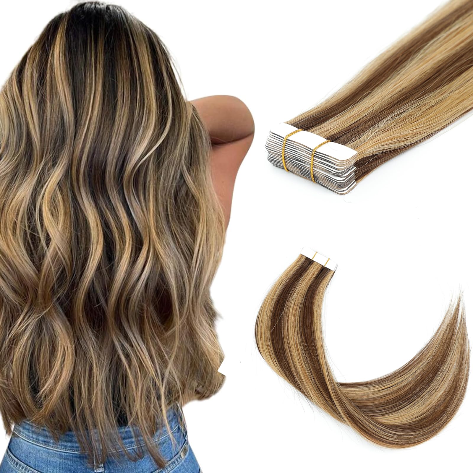 16 Inch 4P27 Highlight Honey Blonde Tape in Hair Extensions Human Hair Seamless Skin Weft Remy Hair Extensions Invisible Straight Tape in HairExtension Human Hair 20pcs — image 1