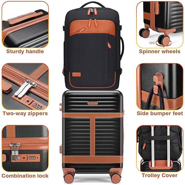 LUMESNER 5 PIECE LUGGAGE SETS WITH TRAVEL BACKPACK, 20″ CARRY ON HARDSIDE SPINNER SUITCASES, TSA LOCK, DURABLE PC (BLACK, 5 PIECE SET (20INCH))