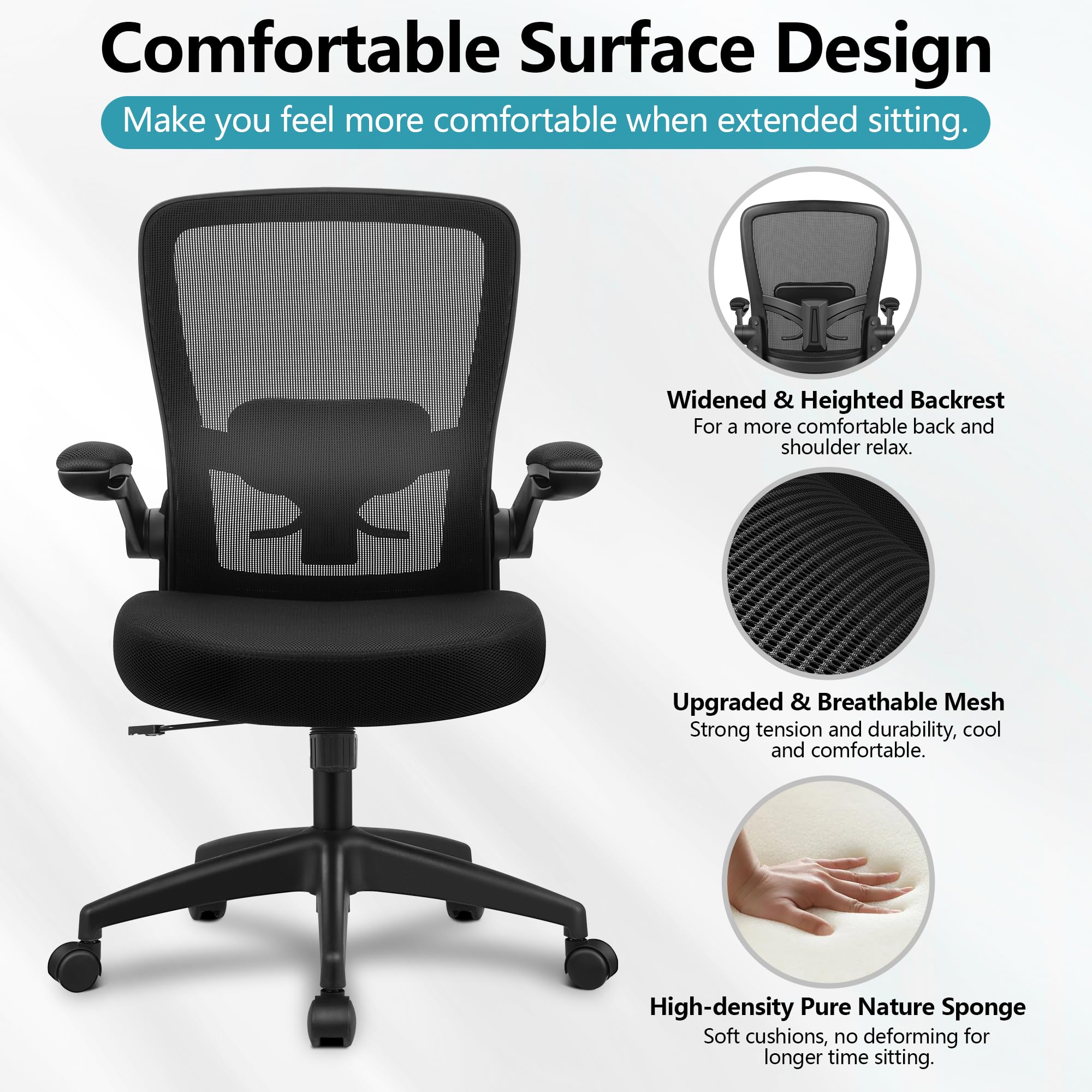 FelixKing Office Chair, Ergonomic Desk Chair Breathable Mesh Chairs Adjustable High Back Lumbar Support Flip-up Armrests, Executive Rolling Swivel Comfy Computer Chairs Home Office Black