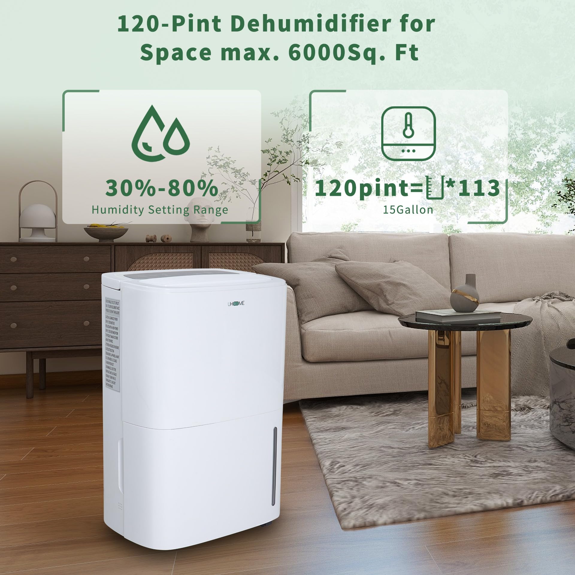 Uhome 120 Pints Dehumidifier with Drain Hose - 6000 Sq. Ft Quiet Dehumidifier for Home, Basements, Storages and Large Rooms with 5L Water Tank
