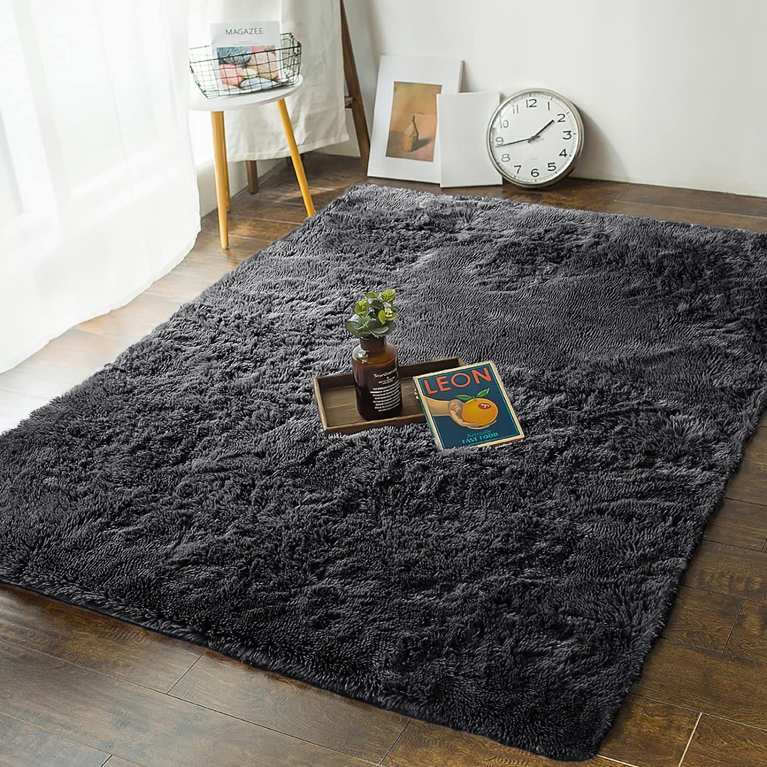 MOONLIGHT20015 Rugs Living Room – Black Area Rugs for Bedroom Non Slip – Modern Super Soft Large Fluffy Shaggy Thick Pile Non-Shedding Rug – Plush Carpet for Dining Room, 80cm x 150cm