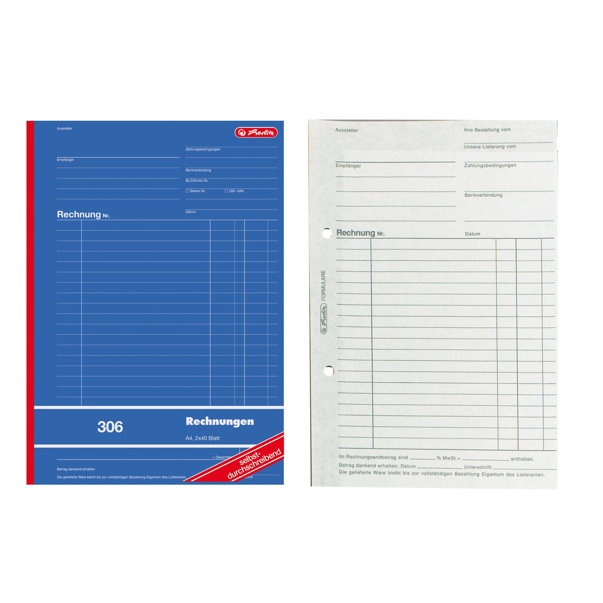 Herlitz Account Book, 1x2 sets of 40 sheets each, A4, Self-Copying, 80 sheets in total, Notebook