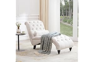 Iroomy Button-Tufted Chaise Lounge Indoor with Solid Wood Legs & Support Pillow, Upholstered Chaise Lounge Chair for Bedroom Living Room Office, Armless Rolled Backrest Leisure Sofa Recliner(Beige)