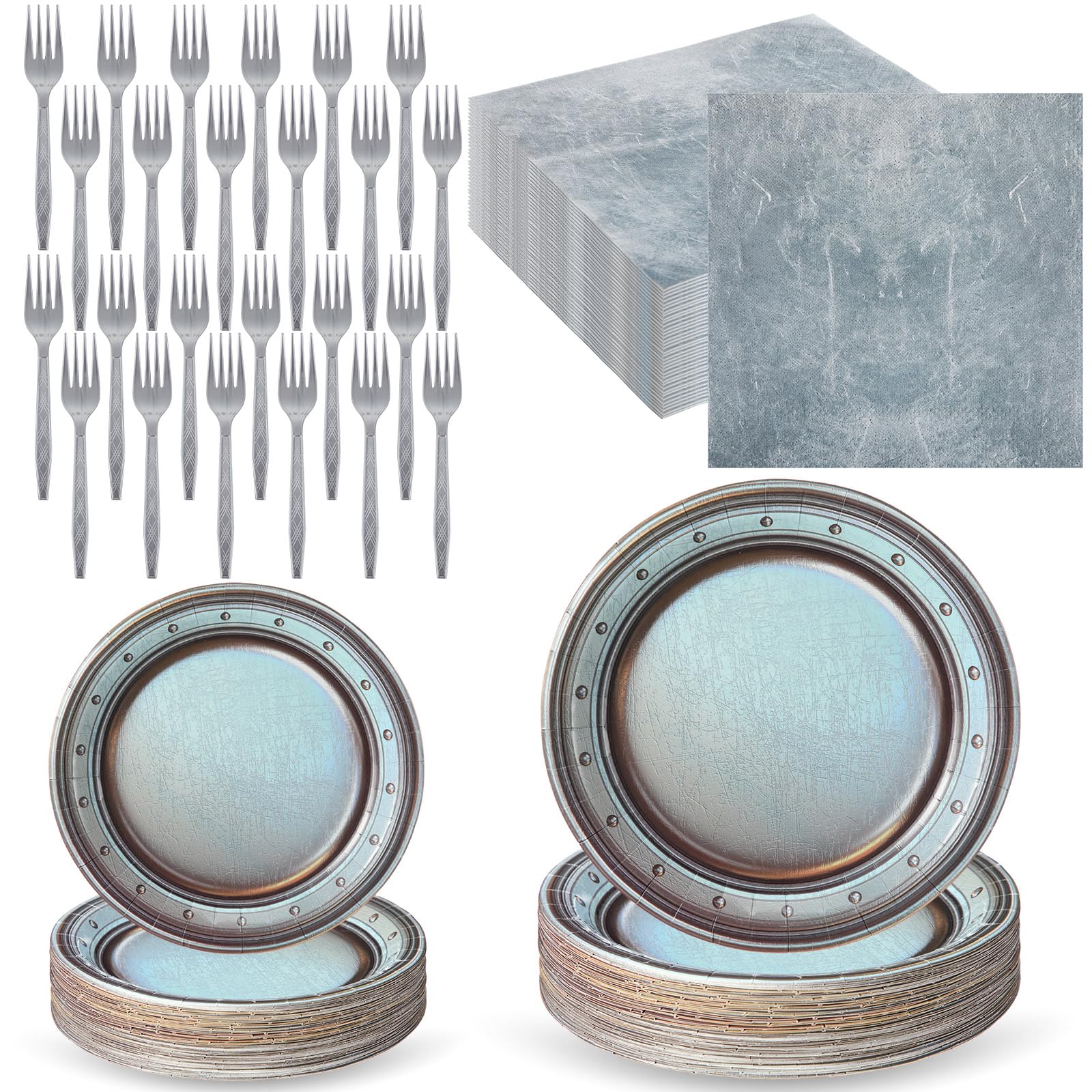 Photo 1 of Jingmore 96 Pcs Medieval Party Supplies Disposable Paper Pewter Tableware Set for Castle Pirate Birthday Party Vintage Dinner Round Silver Grey Paper Plates Napkins Fork