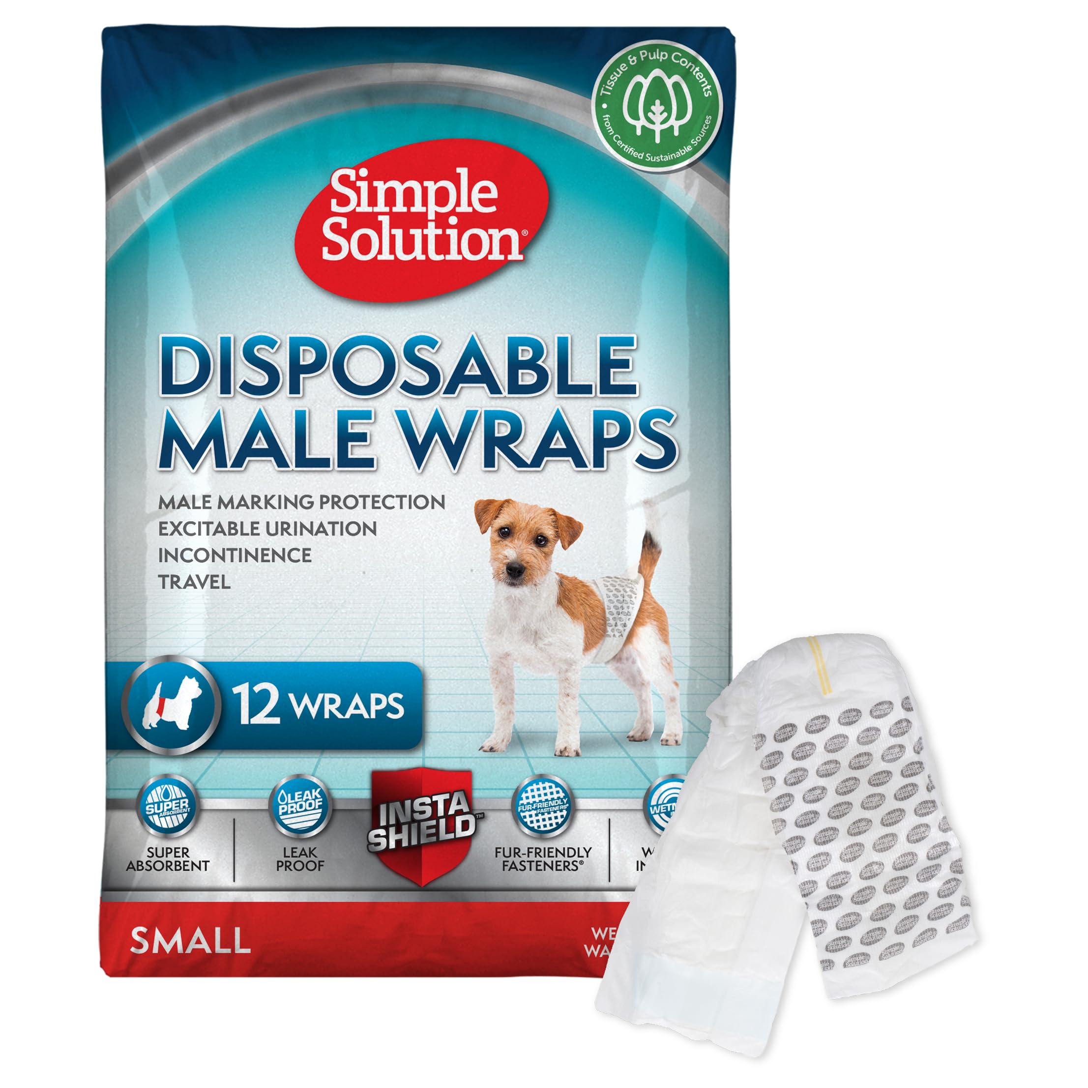 Simple Solution Disposable Dog Diapers for Male Dogs, with Super Absorbent Leak-Proof Fit for Excitable Urination, Incontinence, or Male Marking - 12 Pack