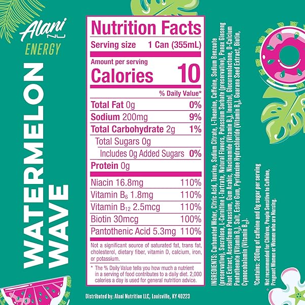 ALANI NU WATERMELON WAVE, SUGAR FREE, LOW CALORIE ENERGY DRINKS, 200MG CAFFEINE, BIOTIN, B VITAMINS, ZERO SUGAR, 10 CALORIES, 12 FL OZ CANS, 12 PACK
