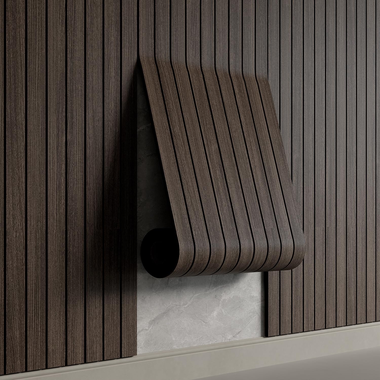 Photo 1 of YU LI 3DH Peel and Stick PVC Slat Wall Panel 236"x15.75" Self-Adhesive Thick Faux Smoked Wood Grain Wallpaper Panel 3D Soundproof Wall Panels for Walls & Ceilings