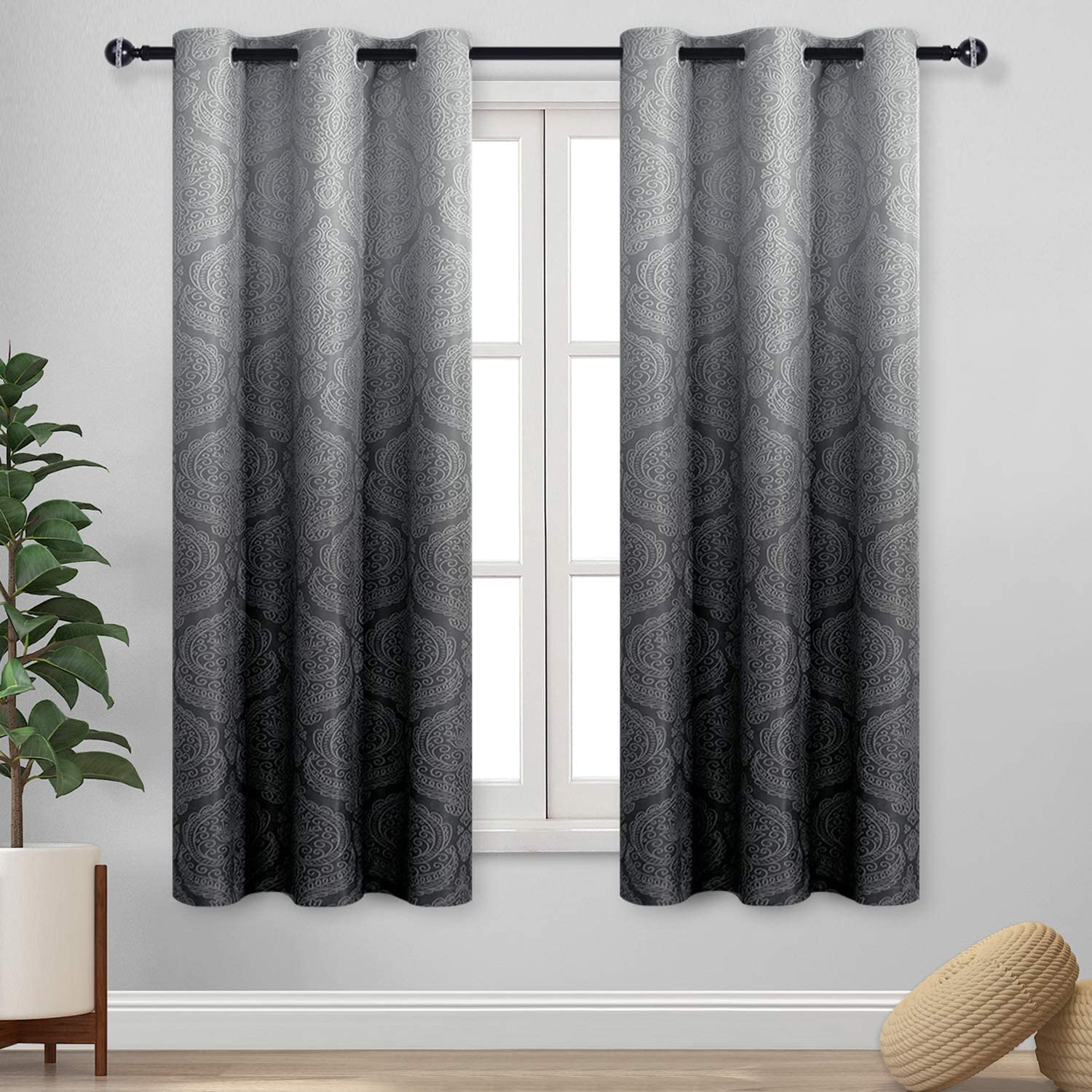 DWCN Ombre Blackout Curtains for Bedroom - Damask Patterned Thermal Insulated Energy Saving Grommet Curtains for Living Room, Set of 2 Gradient Window Curtain Panels, 42 x 63 Inch Length, Black