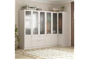 Homsee Extra Large L-Shape Armoire Wardrobe Closet with 6 Frosted Glass Doors, Hanging Bars, Shelves & Drawers, 98.4" L Wooden Closet Storage Cabinet for Bedroom, Warm Grey