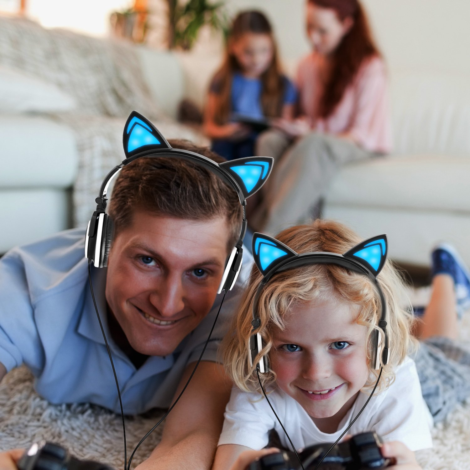 Barsone Cascos Brillanate Como Orejas de Gato para Los Niños, Auriculares de Diadema Plegables con Luz LED para Casi Todos Los 3.5mm Dispositivos de Interfaz (Negro)