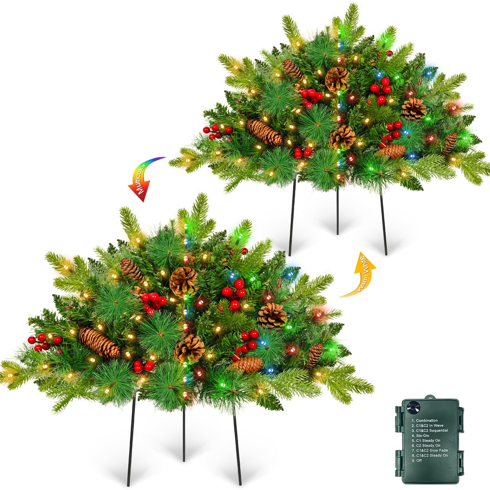 Photo 1 of 2 Pack Lighted Outdoor Christmas Tree Urn Fillers with Timer 8 Mode Warm & Colorful Light Red Berries Pine Cones Battery Operated Tripod Stake Outdoor Light Up Planter Filler Porch Holiday Decor