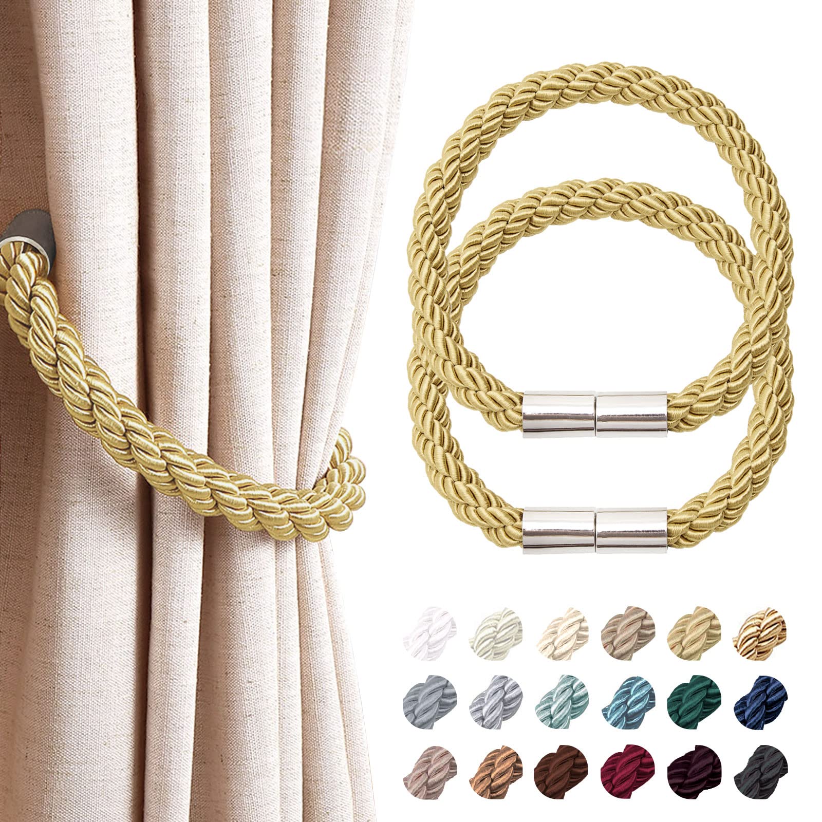Pretty Jolly 2 Pack Strong Magnetic Curtain Tiebacks Modern Simple Style Drape Tie Backs Convenient Decorative Weave Rope Curtain Holdback for Thin or Thick Home & Office Window Drapery (Gold)