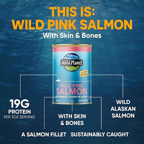 WILD PLANET WILD PINK SALMON WITH SKIN AND BONES, TINNED FISH, CANNED SALMON, SUSTAINABLY WILD-CAUGHT, NON-GMO, KOSHER, GLUTEN FREE, KETO AND PALEO, 14.75 OUNCE SINGLE