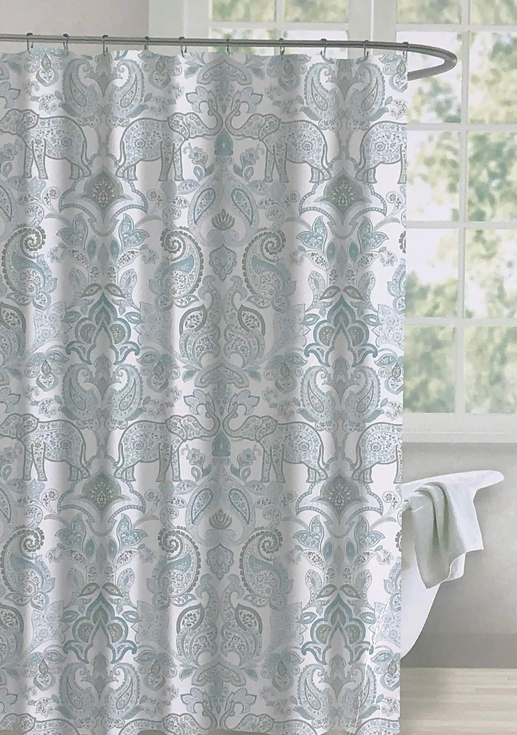 Envogue Designer Shower Curtain Exotic Boho Paisley Medallion Pattern with Elephants in Shades of Blue and Gray on White 100% Cotton Luxury