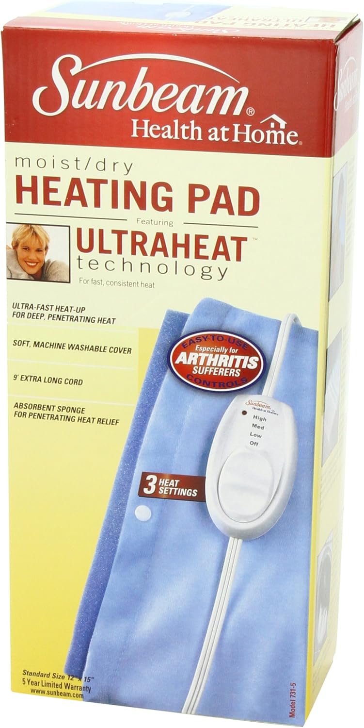 Sunbeam Heating Pad for Pain Relief | Standard Size UltraHeat, 3 Heat Settings with Moist Heat| Light Blue, 12-Inch x 15-Inch: Health & Personal Care