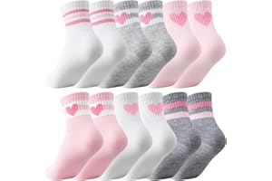 Shihanee 6 Pairs Socks for Girls Kids Pink Crew Athletic Socks with Stripes Heart 4-12 Years Old Cotton Girls Crew Sock