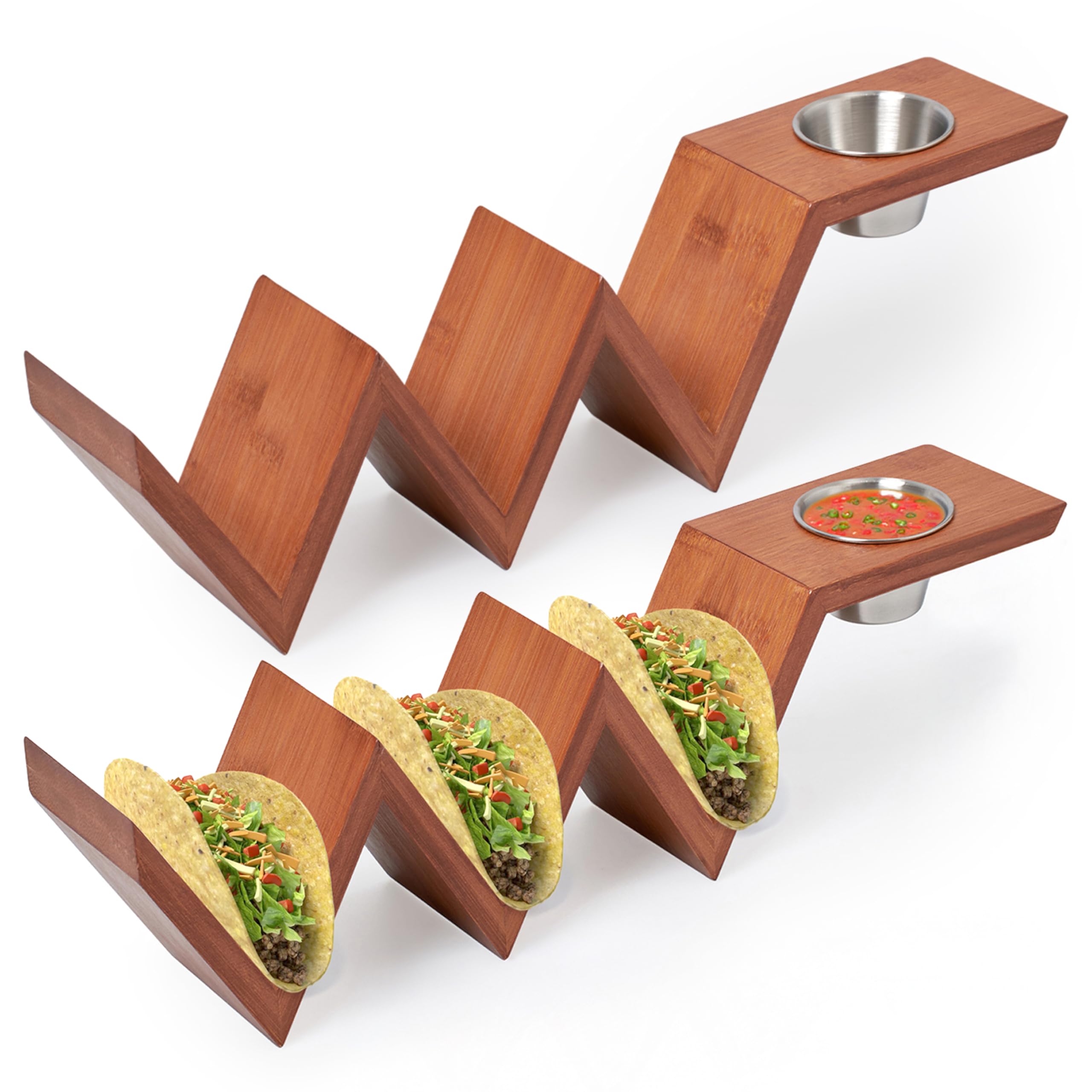 Photo 1 of 2 Lb. Depot Taco Holder Set of 2 - Durable Bamboo with Walnut Stain Finish - Includes Stainless Steel Bowls - Keeps Tacos Upright and Tidy - Perfect for Parties and Social Media