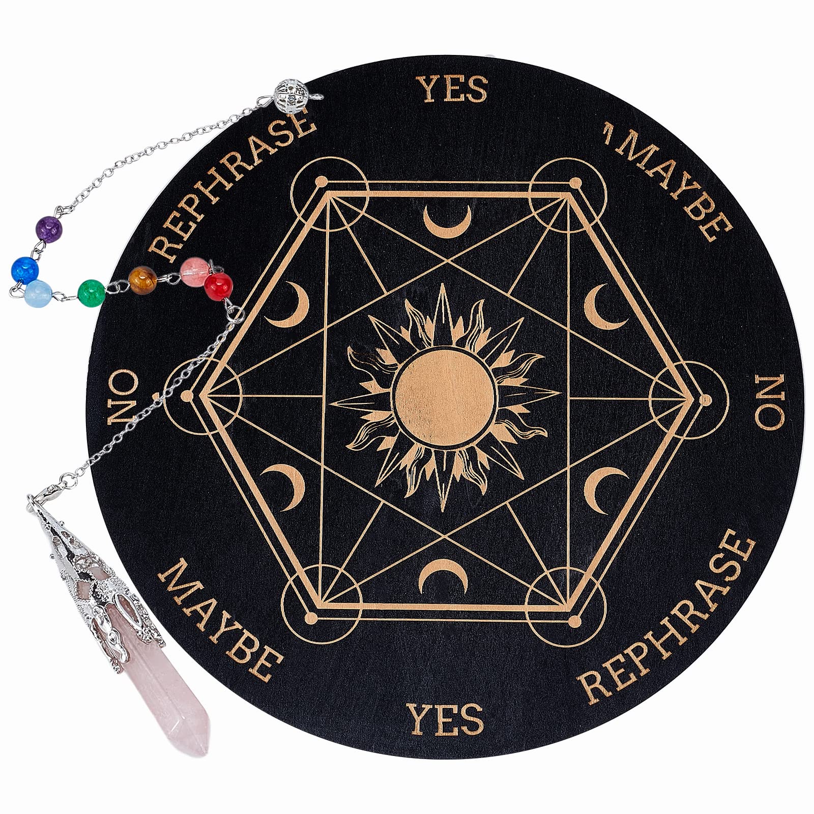 AHANDMAKER Hexagram Sun Moon Pendulum Board, 7.8'' Dowsing Divination Metaphysical Message Board Wooden Carven Board with Crystal Pendulum Necklace Divination for Witchcraft Wiccan Altar Supplies Kit
