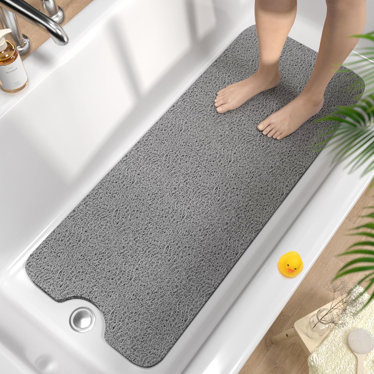 HITSLAM Non Slip Bath Mat 100 x 40 cm, Extra Long Shower Mats for Inside Shower, Soft PVC Loofah Bathtub Mat with Drain, Quick Drying shower mat for Wet Area, Without Suction Cup, Grey