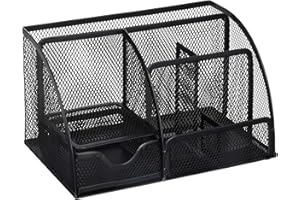 Greenco Mesh Desk Organizer Office & Dorm Room Supplies Caddy, 6 Compartments, Small Black Desk Organizer for Pen, Pencil, Small Office Supplies and Stationary Accessories Storage Organization