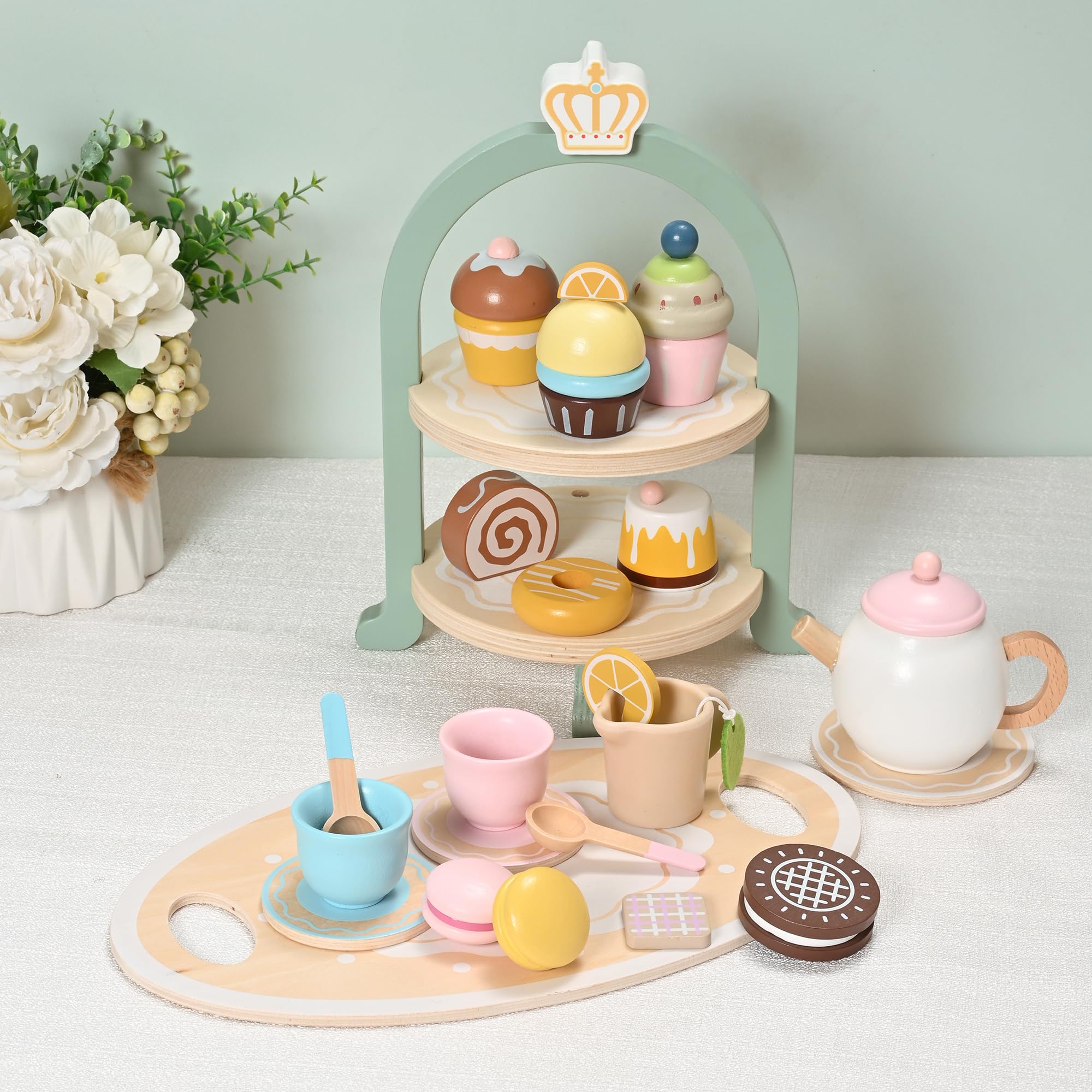 Photo 1 of **MISSING PIECES** MONT PLEASANT 23pcs Wooden Tea Set for Little Girls, Toddler Tea Set Wooden Toys Play Kitchen Accessories with Cupcake Stand and Tray, Kids Tea Party Set Pretend Play Food Birthday Gift Playset