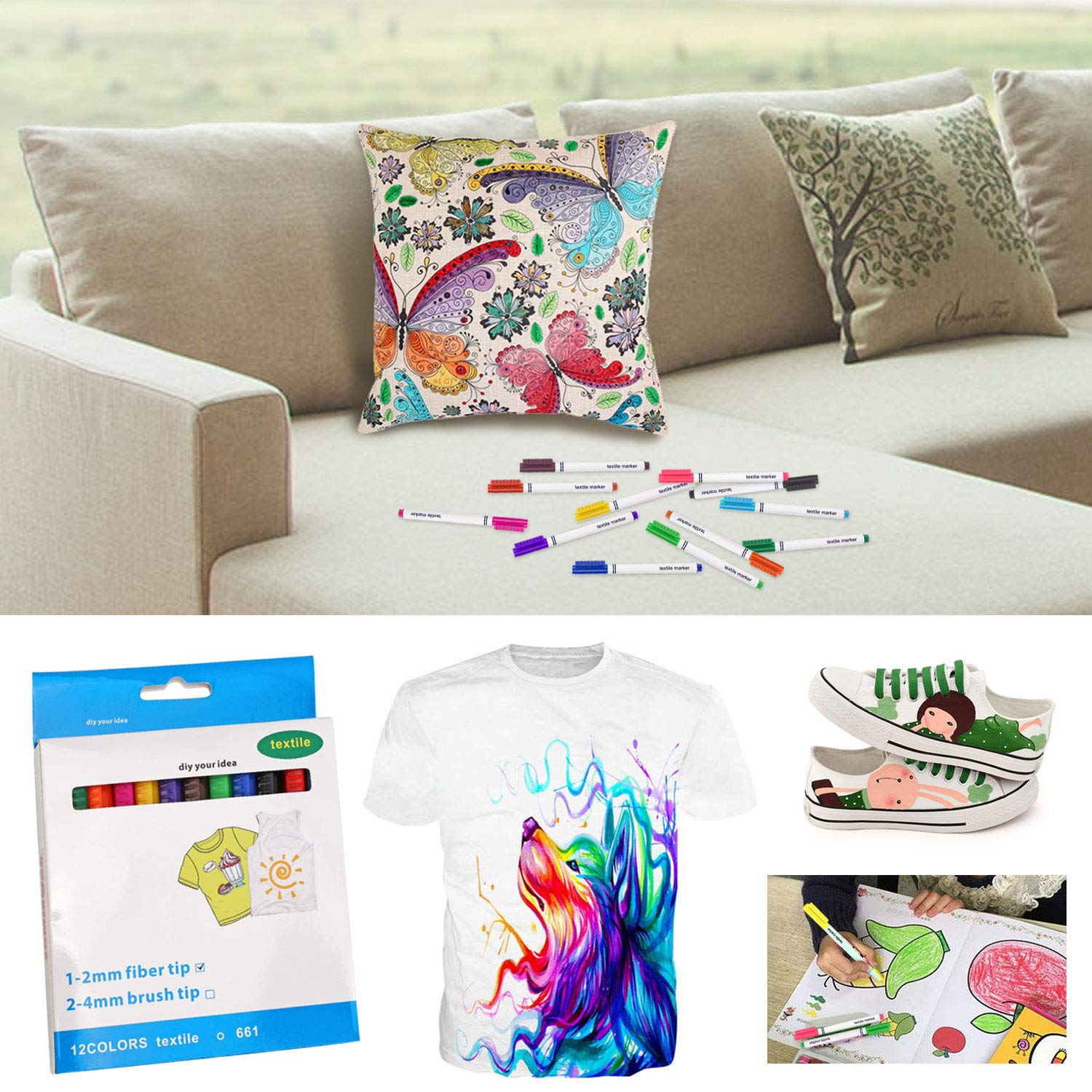 Howaf Colouring Cushion Cover With Fabric Marker Pens For Kids