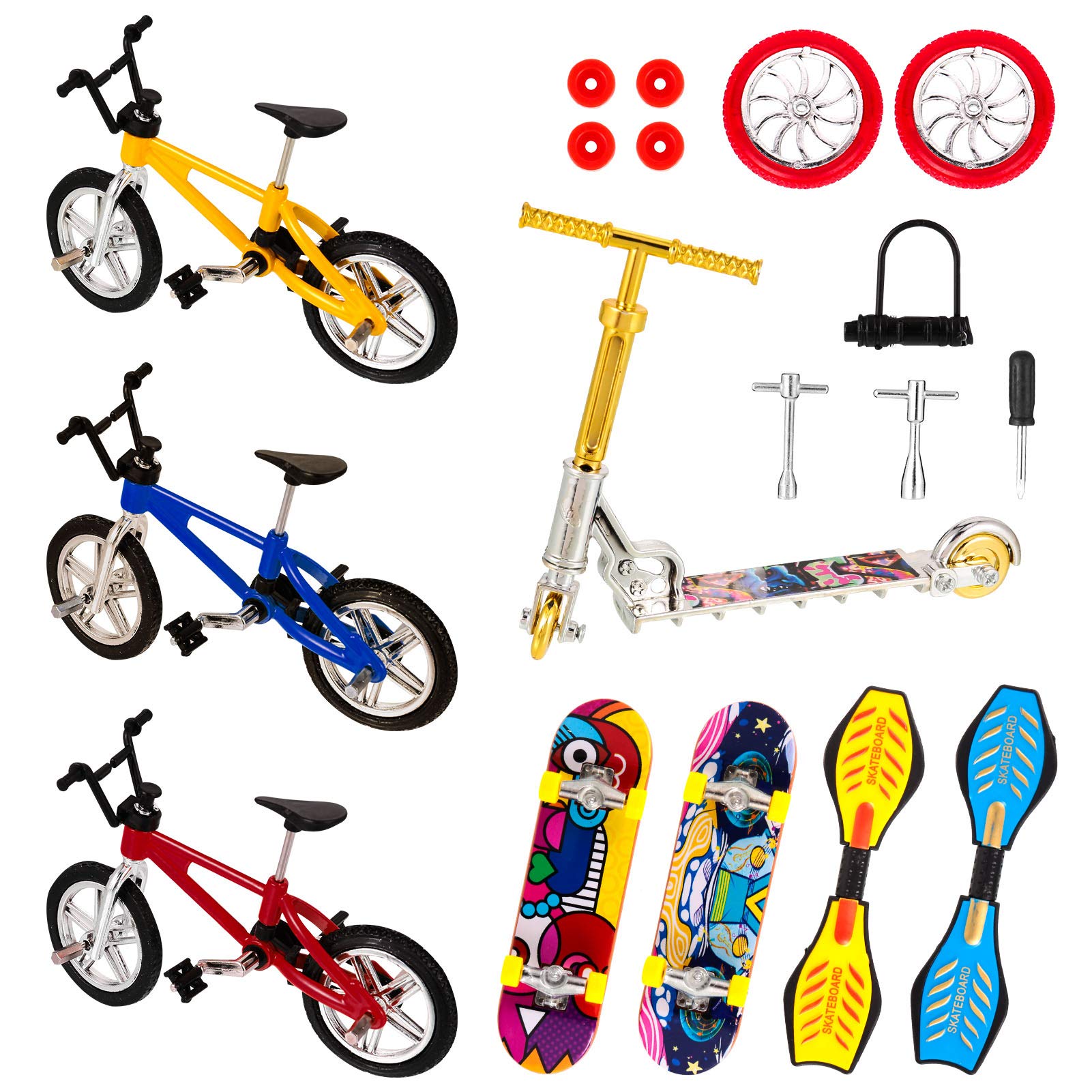 FRIUSATE 18 Pieces Mini Finger Toys Set Finger Skateboards Finger Bikes Scooter Tiny Swing Board Fingertip Movement Party Favors Replacement Wheels and Tools