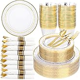Ciaell 350PCS Clear Plastic Plates with Gold Trim for 50 Guests,Includes 100 Plastic Plates, 50 Pre Rolled Napkins with Gold Silverware, 50 Cups, Disposable Dinnerware Set for Wedding & Party