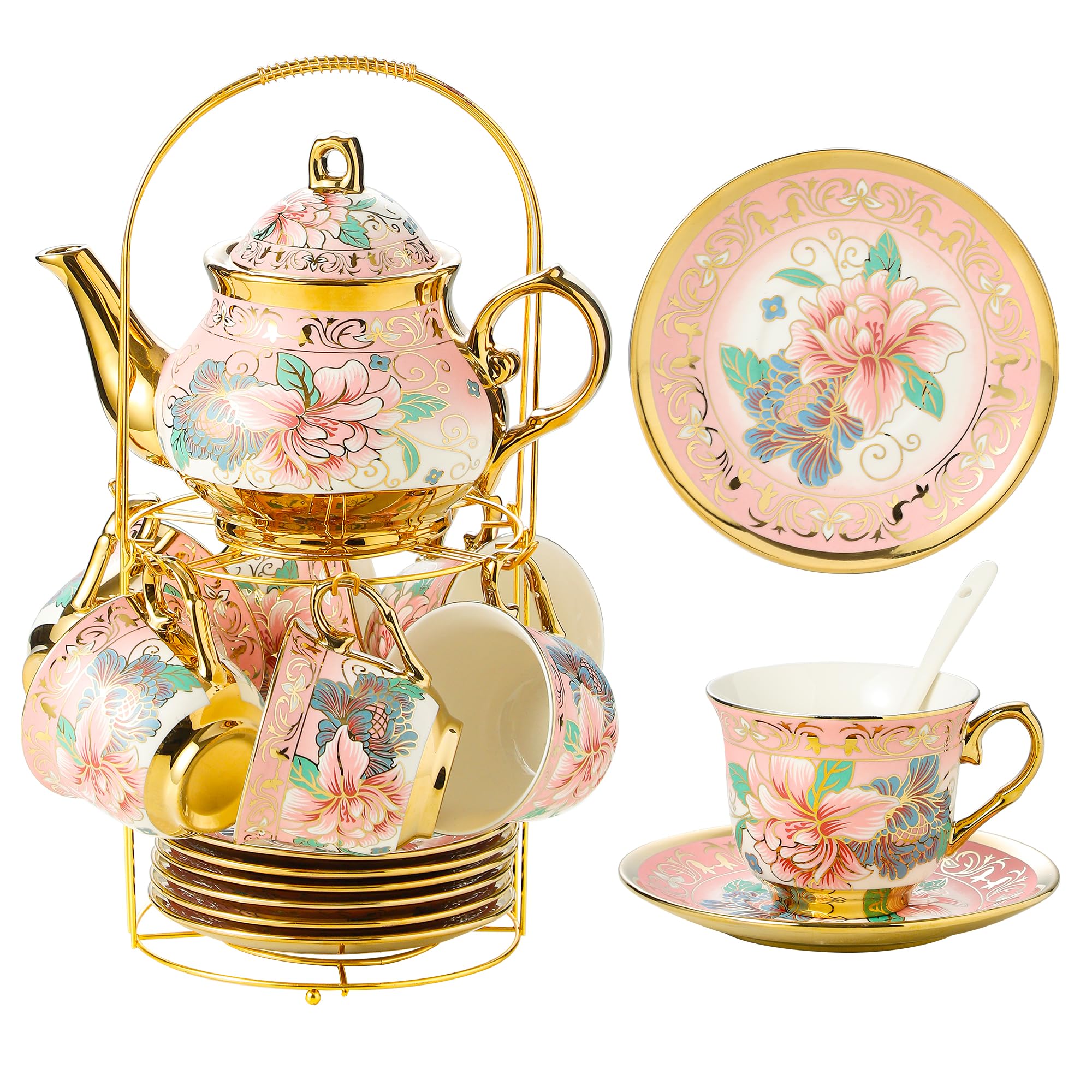 Photo 1 of 20 Pieces Porcelain Tea Set With Metal Holder, European Ceramic tea set for adults,Flower Tea Set,Tea Set For Women With Flower Painting (Large version, Pink)