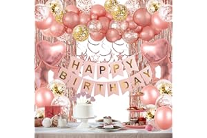 HGH Rose Gold Birthday Party Decorations, Happy Birthday Banner, Rose Gold Fringe Curtain, Heart Star Foil Confetti Balloons, Hanging Swirls for Women Girls Birthdays Princess Party