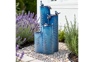 Ultym 32" Outdoor Water Fountain, Ceramic Outdoor Fountain, Stacked 4-Tier Vase Waterfalls for Garden, Patio, Yard, or Porch Decor, Creating Relaxing Serene Oasis, Embossed Leaf Pattern, Turquoise