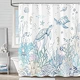 Accnicc Nautical Coastal Sea Turtle Shower Curtain Ocean Beach Coral Fish Waterproof Fabric Shower Curtains for Bathroom Cute Seahorse Starfish Seashell Bath Curtain Decor 72 x 72 inch