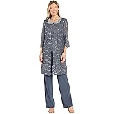 R&M Richards Women's Elegant 3-Piece Pant Set W/ ¾ Sleeves Scalloped Edge Sequin Lace Jacket & Matching Tank