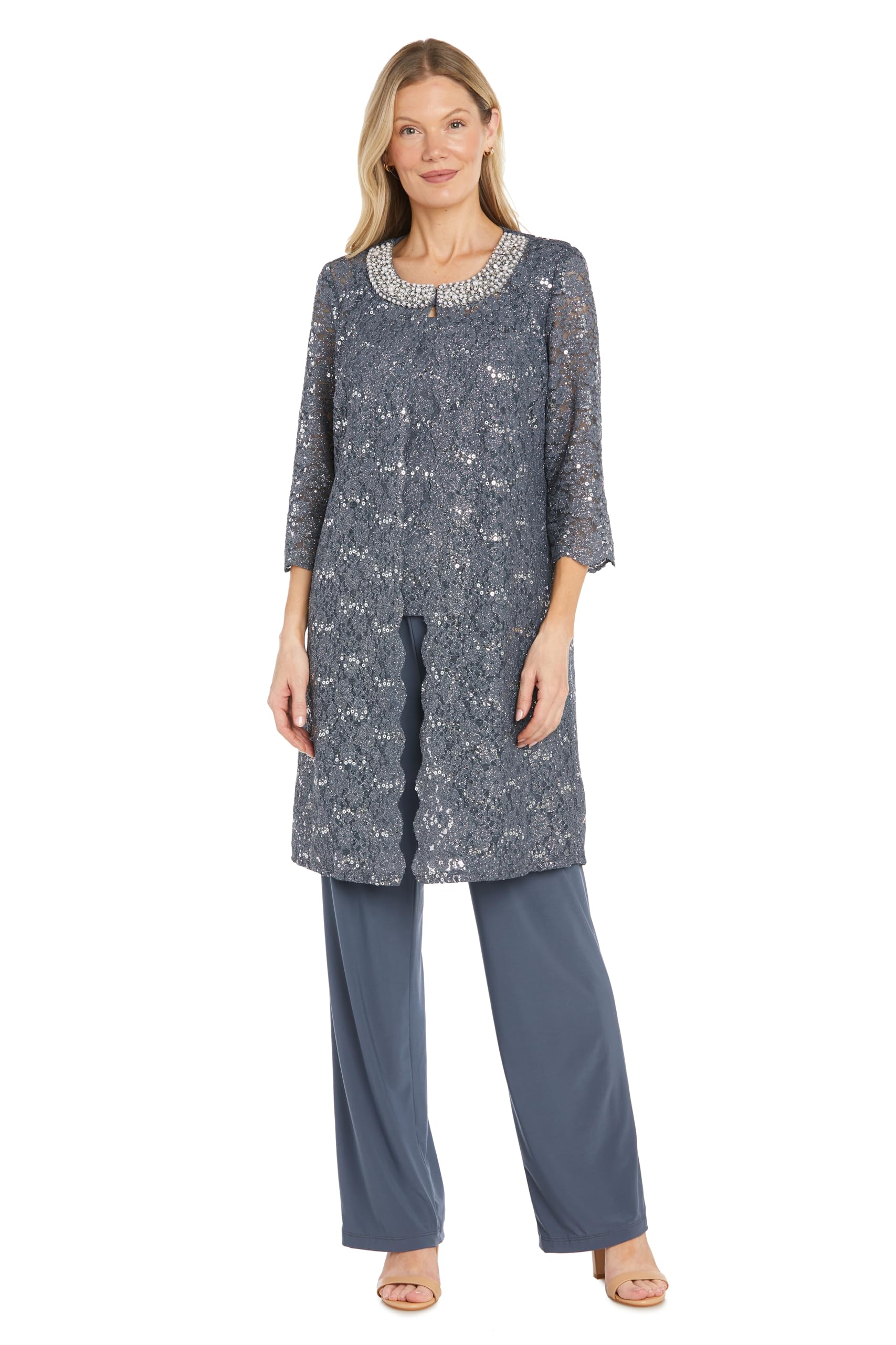 R&M Richards Women’s Elegant 3-Piece Pant Set W/ ¾ Sleeves Scalloped Edge Sequin Lace Jacket & Matching Tank
