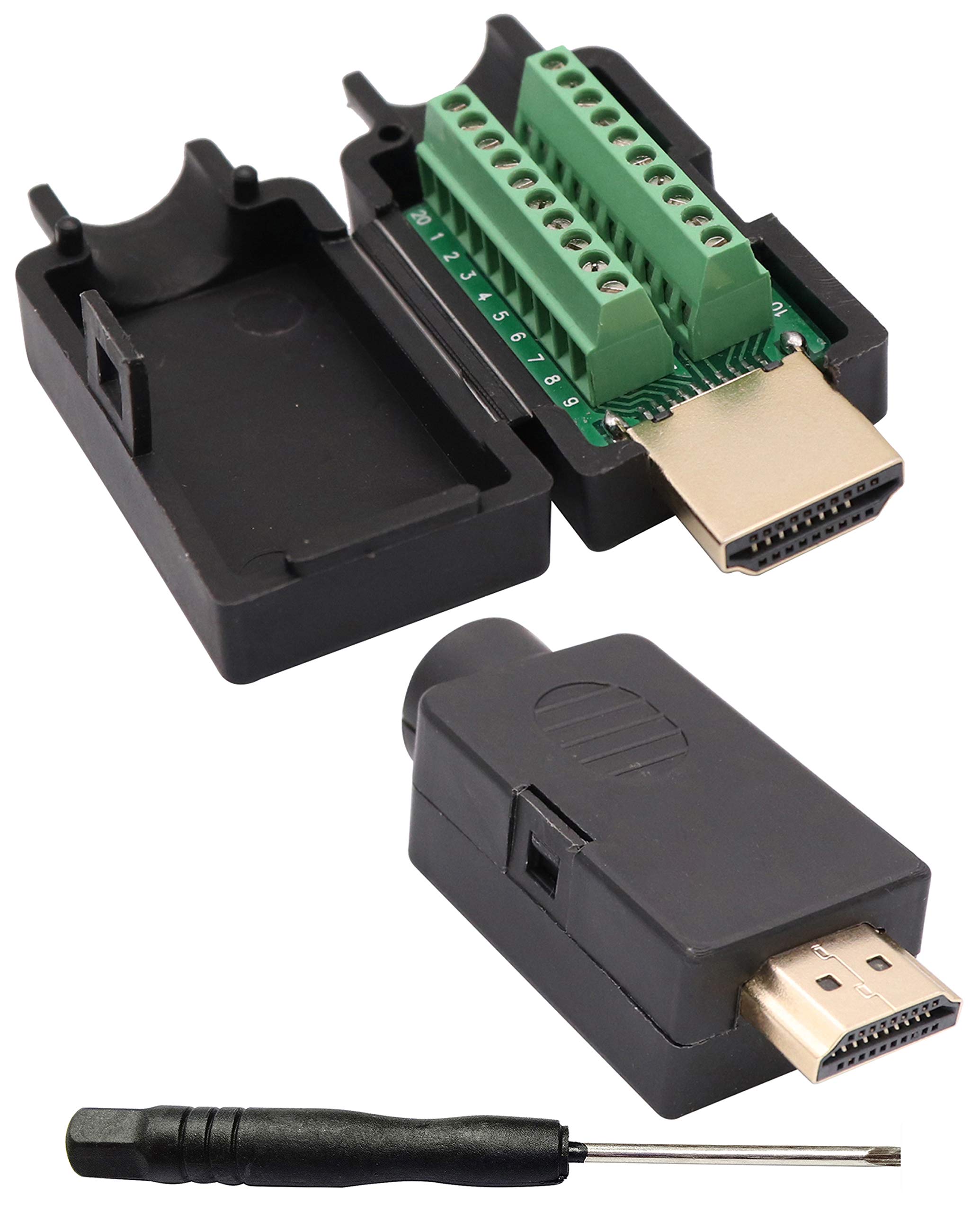 AAOTOKK HDMI Screw Terminal Block Adapter Gold Plated HDMI Male to 20 Pin/Way Female Solderless Terminal Breakout Board Connector Signal Module with case (2Pcak/Male)