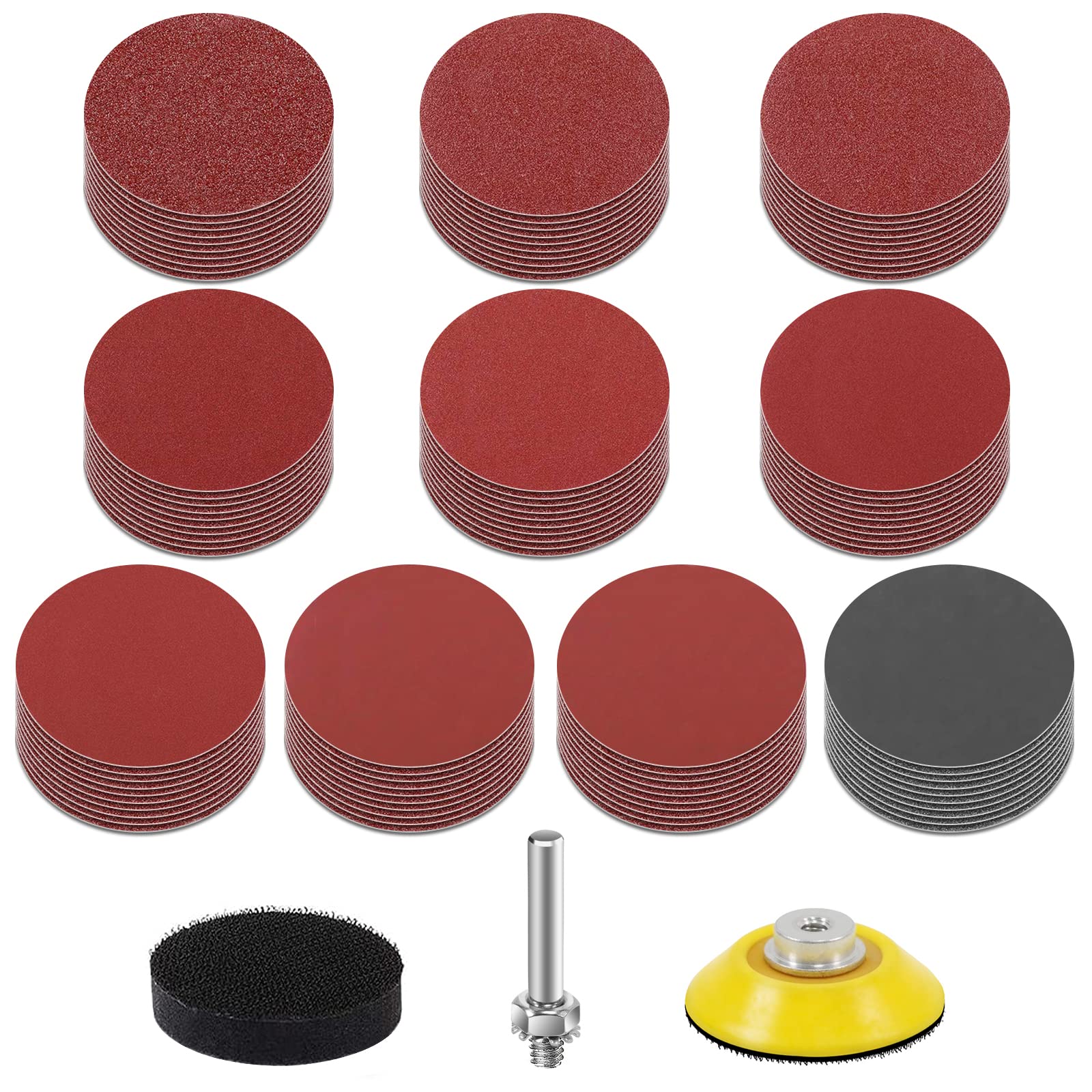 KONGMING 100 Pcs Sanding Disc 50mm 2 Inch Grit 80 120 180 240 320 400 600 1000 2000 3000 Sandpaper Pad Kit Solishing Pad Adapter