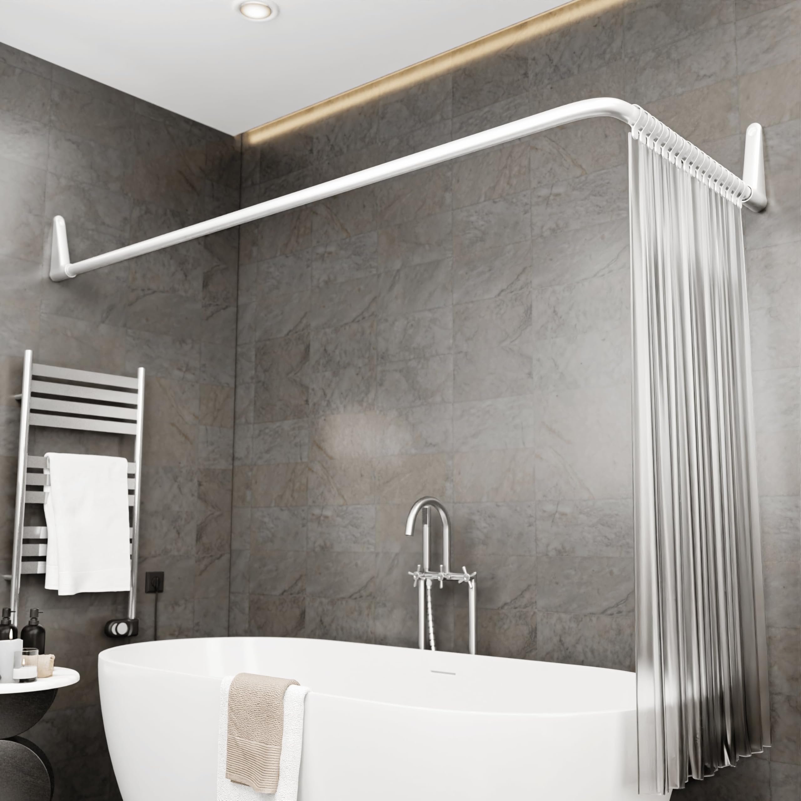 Erica Shower Curtain Rail for Bathtubs, L-Shaped Shower Curtain Pole in three varations 70x90cm / 70x160 cm / 90x140 cm, Wall Mounted Shower Pole, Curved Shower Rail, White Powder Coated Steel