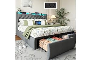 DOLTORO Queen Bed Frame with Headboard and 2 Storage Drawers, Upholstered Wingback Platform Bed Frame Queen Size with Charging Station & LED, Noise Free, No Box Spring Needed, Easy Assembly, Grey